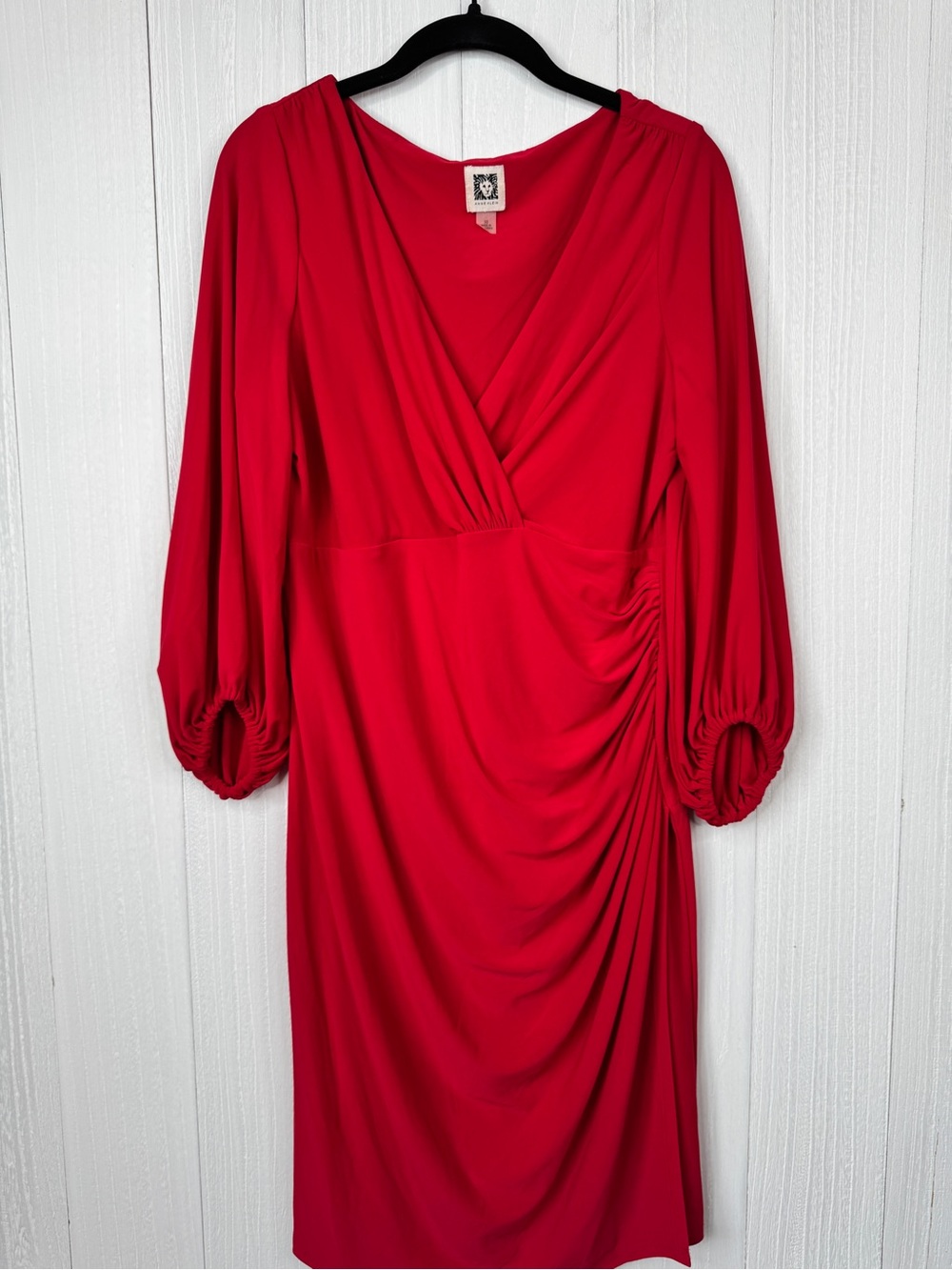 Anne Klein Red V-Neck Ruched Side Long Sleeve Dress | Women’s Size 10